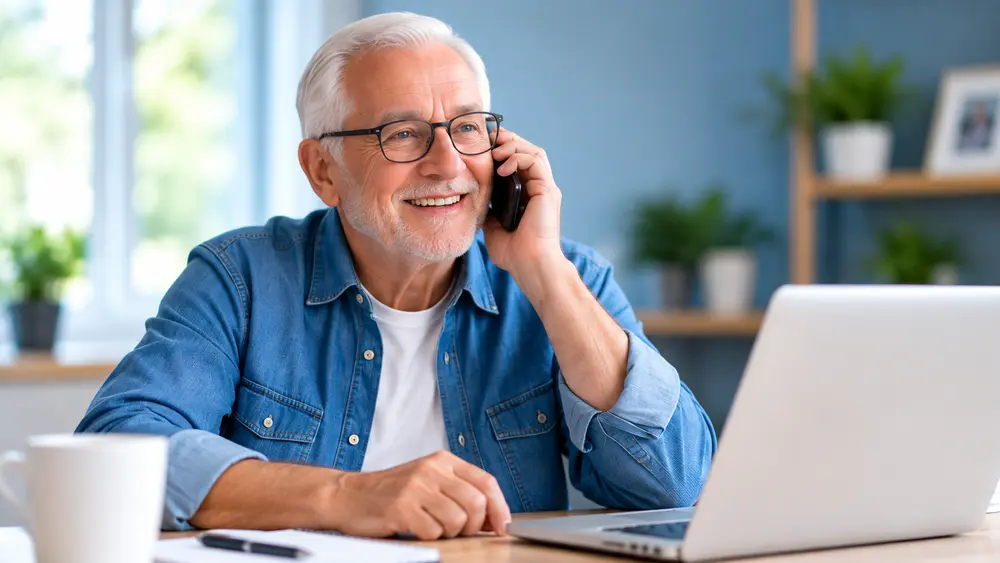 Friendly senior man using a laptop at home