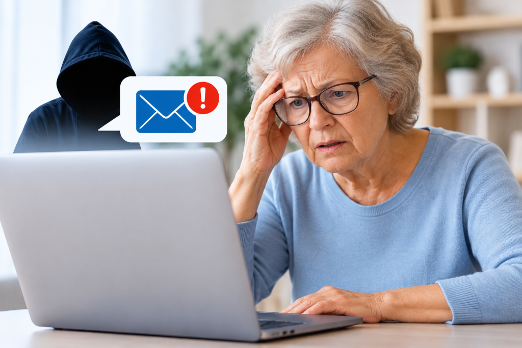 Oudere vrouw bezorgd over een verdacht bericht van computerfraude
