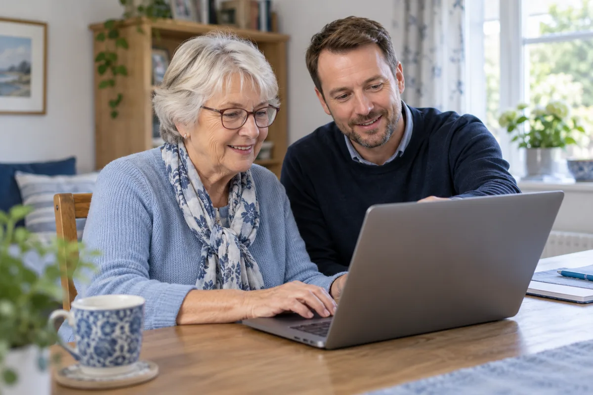 Computer Help FAQ – older adult receiving step-by-step computer help