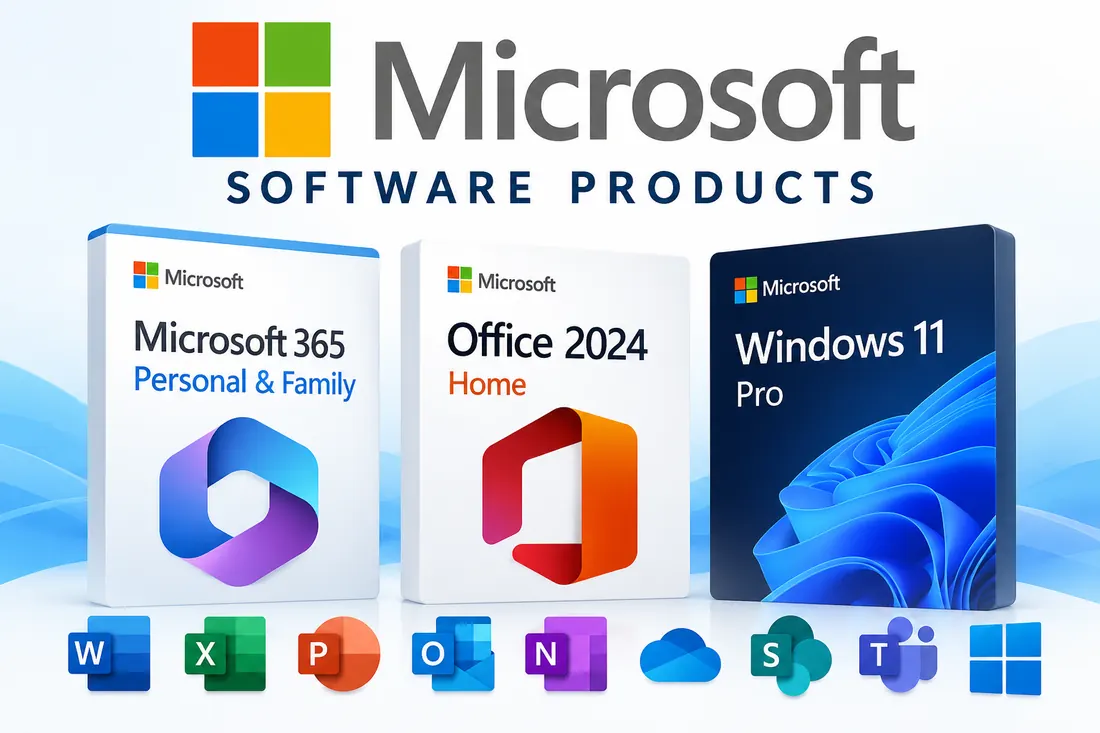 Microsoft software products including Microsoft 365, Office 2024 and Windows 11 Pro